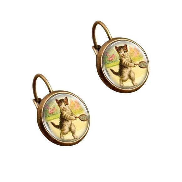 Vintage-style Playful Cat earrings Glass Cabochon Jacket Copper Alloy earrings - Picture 4 of 8
